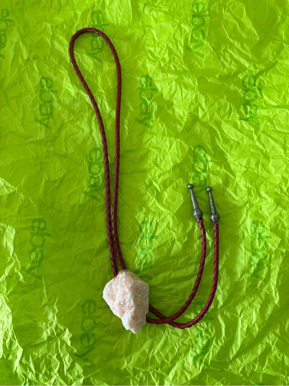 Raw Pink Crystal Pendant on Braided Cord Bolo Tie